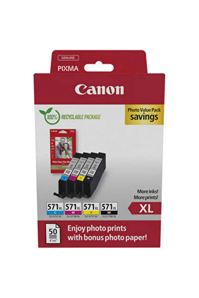 Canon Фотопакет: 4 касети BK+C+M+Y CLI-571 XL + фотохартия 10x15, 50 листа