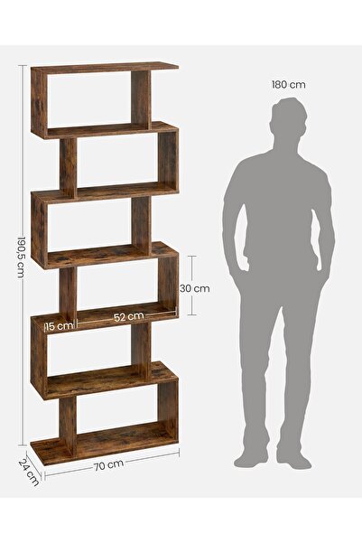 VASAGLE Biblioteca, raft cu 6 unitati de depozitare, pentru living, din lemn, 24x190x70cm, maro