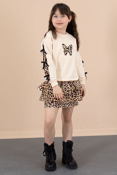 Cansın Mini Cream Butterfly Patterned Badili Leopard Skirt Girl's Bottom Top Set 20663