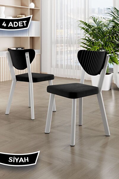 Canisa Arfe Serisi 4 Adet Siyah Mutfak Sandalyesi Beyaz Metal İskeletli 1. Sınıf Babyface Kumaş