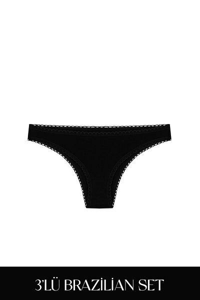 Feu De Elu Cotvie Black Cotton Brazillian Set of 3 Panties