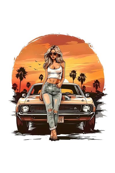MegaSticker Classic Camaro and Girl Sticker Car, Motorcycle, Helmet, Laptop, Window Sticker 13X12 cm