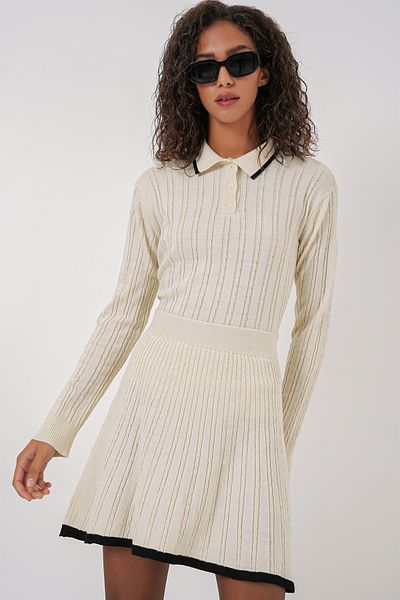 Merterium Women's Polo Neck Sweater Skirt Knitwear Double Set Black 1087