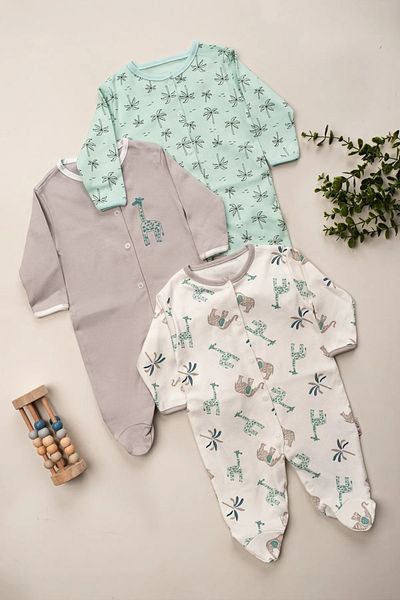 ENİA BABY Baby Boy Printed Cotton Snap-On Booties 3-Piece Newborn Outfit Jumpsuit Set 3-6-9 Months