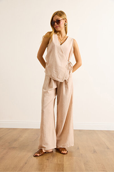 Olalook Women's Beige Wrap Blouse Pleated Trousers Suit Tkm-19000423