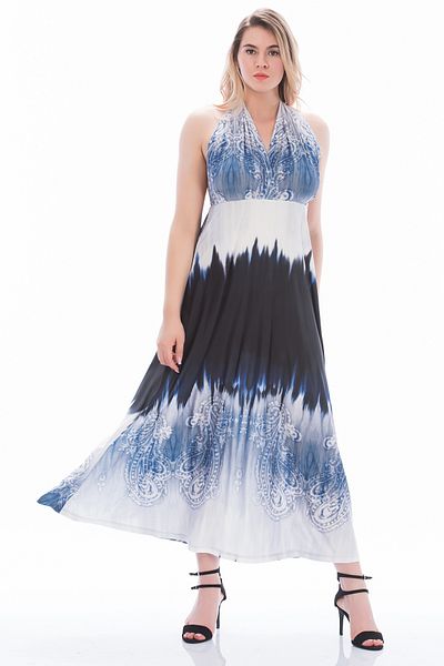 BYŞANS Women's Blue, Tie-Dye Patterned Neck Tie Dress 26A20831