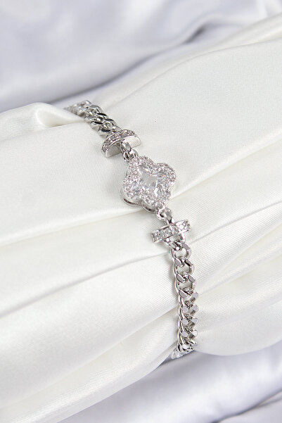 STİLLOVE سوار نسائي من النحاس والزركون الحجري على شكل برسيم موديل فضي اللون