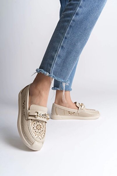 Hümeyra Scarf Lily Laceless Orthopedic Comfortable Sole Floral Patterned Women's Ballerina Shoes Kt - Cream