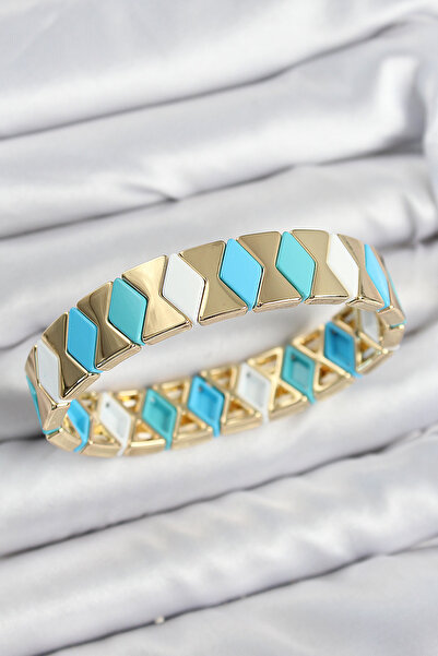 STİLLOVE Brass Baklava Patterned Blue White Gold Color Elastic Women's Bracelet