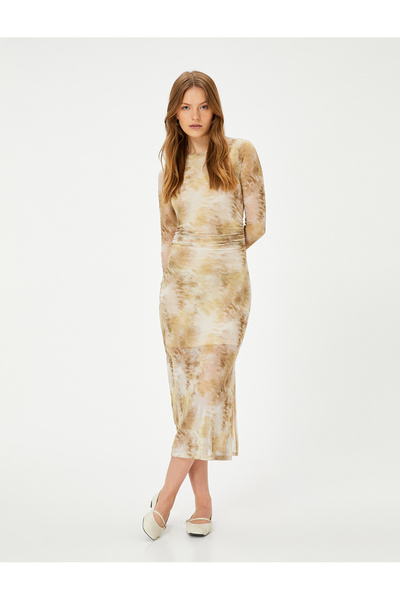 Koton Midi Dress Long Sleeve Crew Neck Draped