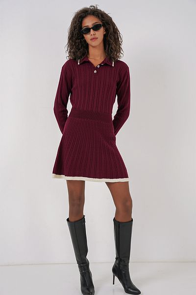 Merterium Women's Polo Neck Sweater Skirt Knitwear Double Set Black 1087