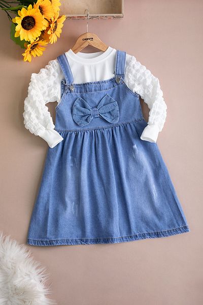 Cansın Mini Blue Bowknot Salopet and Sleeve Detailed Badili Girl's 2-Piece Set 20510