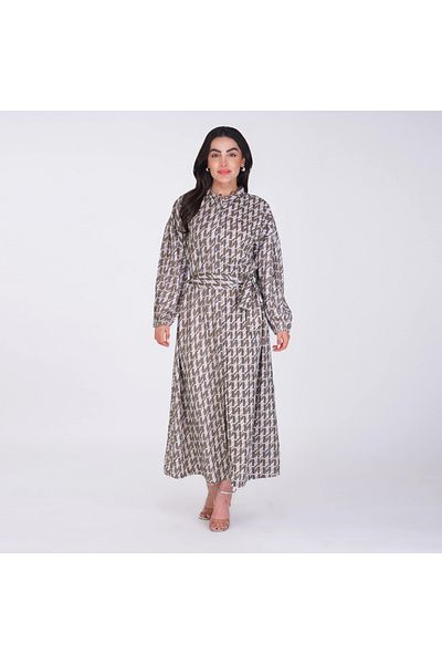 LINELLE Geometric Printed Maxi Dress – High Neck with Elastic Cuffs, Available in 3 Colours