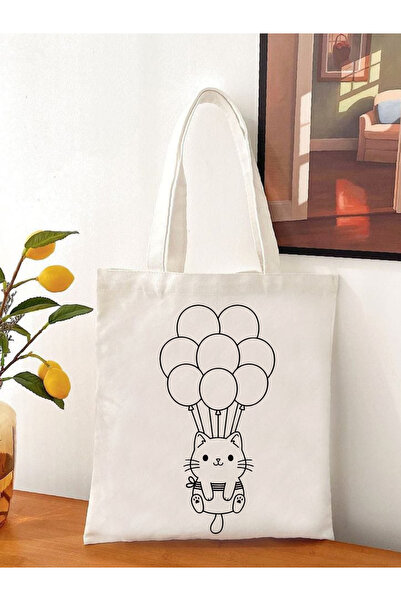 Cemira Balonlu Kedi Boyama Çantası Hobi 35*40 Cm Ham Bez Çanta Boyama Anaokulu Çocuk Etkinlik Boyama