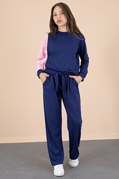 Cansın Mini Navy Blue Stripe Patterned Stone Detailed Blouse Girl's Belted Pants 2 Piece Set 20662