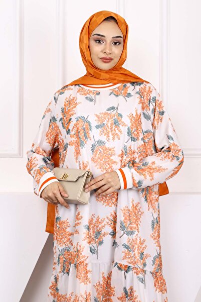 İmajButik Orange Print Chiffon Dress