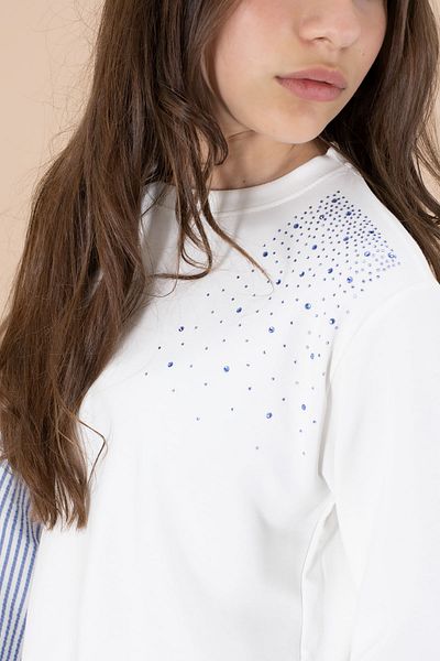 Cansın Mini Blue Line Patterned Stone Detailed Blouse Girl's Belted Pants 2 Piece Set 20655