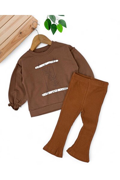 VOY KİDS Seasonal 2-3-4-5-6 Years Old Girl's Leaf Printed, Shoulder Ruffles, Spanish Leggings Set