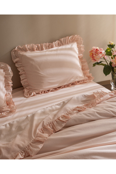 Madame Coco Obernai King Size 100% Cotton Ruffled Plain Washable Duvet Cover Set - Powder