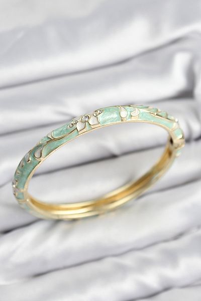 STİLLOVE Mineli Brass Zircon Stone Water Green Flower Motif Gold Women's Handcuffs