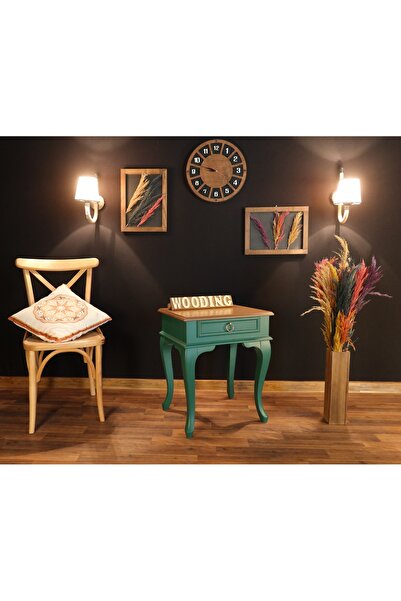 Wooding Mobilya Çekmeceli Masif Yeşil Natürel Komodin - Yan Sehpa