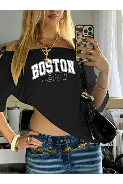 Tarzsokak Bluză neagră de damă, cu umerii goi, decolteu bărcuță, Bostan 1947,...