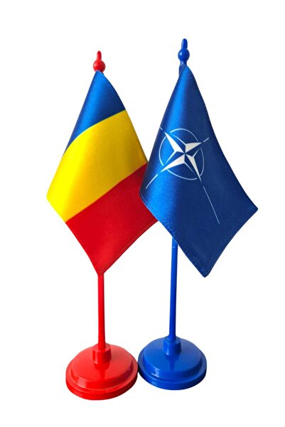 SDX Market Set of 2 x Tricolor and Nato flag type flags, Double Silk front, 10 cm x 15 cm, plastic stand, 30 cm