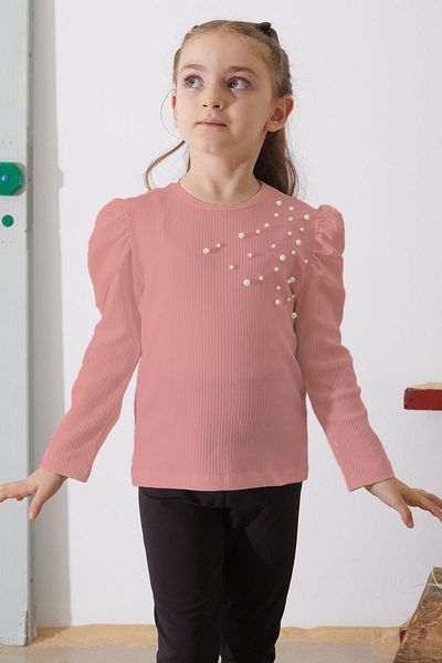 Cansın Mini Pink Shoulder Pearl Detailed Girl's Sweatshirt 18883