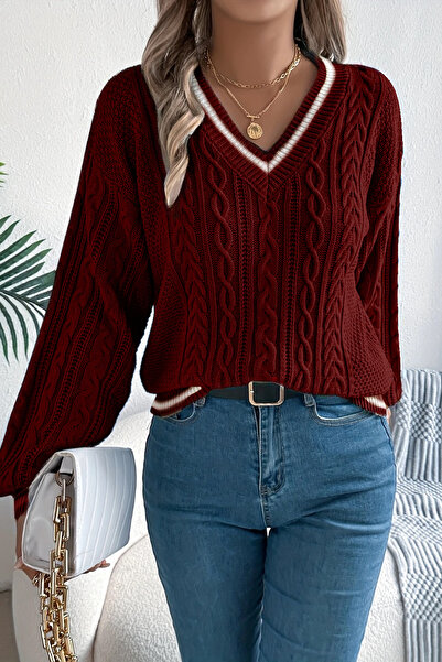 AQE FASHION Γυναικείο πλεκτό πουλόβερ με ριγέ V λαιμόκοψη με σχέδιο μπορντό