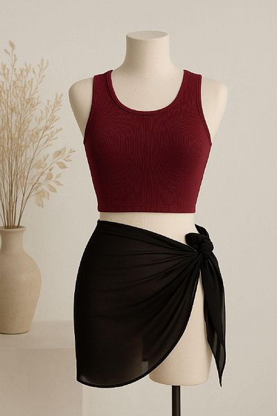 ALFA AKSESUAR 03 Women's Burgundy Round Neck Crop and Black Pareo Set of 2