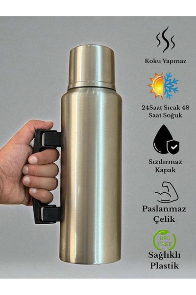 SANALTİCARETİM 1.5 Liter Double Layer Steel 48 Hours Cold 24 Hours Hot Water and Tea Thermos with Folding Handle