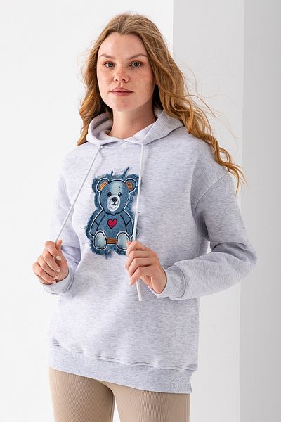 GİYSA Women's Hooded Jeans Teddy Bear Embroidered 3-Thread Sweatshirt Gray - 2621