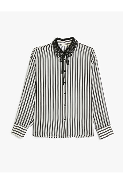 Koton قميص شيفون نسائي أبيض برقبة من الدانتيل