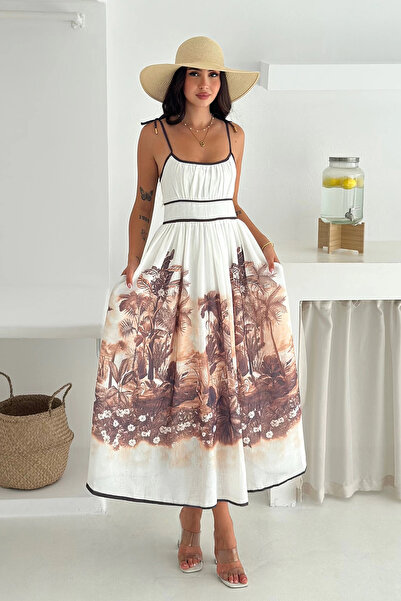 AsprinFashion Με σχέδιο Λινό Φόρεμα καφέ χρώματος