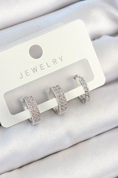 STİLLOVE طقم أقراط نسائية من حجر الزركون النحاسي موديل فضي اللون مكون من 3 أزواج