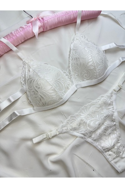 ROZENİN LINGERIE Мереживне бюстгальтер без кісточок з трикутними чашками, трусики-танга в подарунок, комплект нижньої білизни