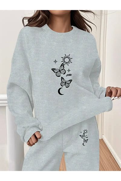 FUFLUNS Unisex Oversize Circleneck Bottom/Upper Tracksuit Set with Butterfly Sun and Moon Print