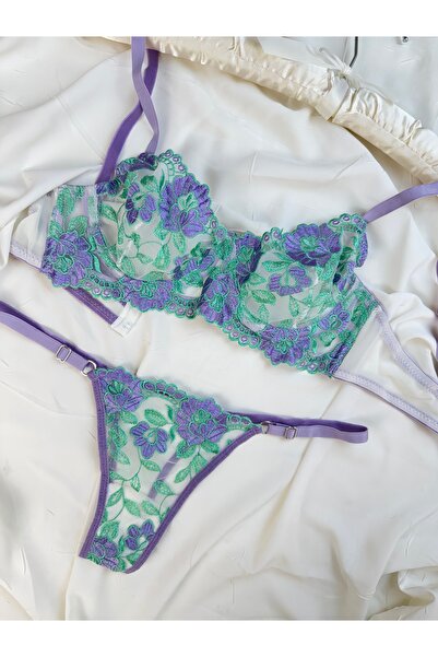 ROZENİN LINGERIE Eflatun Yeşil Çiçek Desenli Balenli Tanga Hediyeli Sütyen İç...