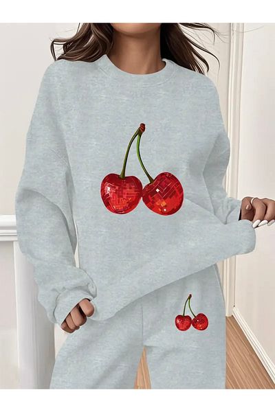 FUFLUNS Cherry Printed Unisex Oversize Circle Neck Bottom/Upper Tracksuit Set
