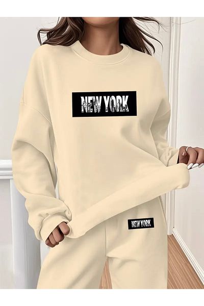 FUFLUNS New York Silhouette Printed Unisex Oversize Circle Neck Bottom/Upper Tracksuit Set