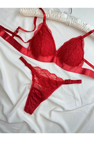 ROZENİN LINGERIE Dantelli Balensiz Pedli Üçgen Bralet Tanga Hediyeli Sütyen İç Çamaşır Takımı