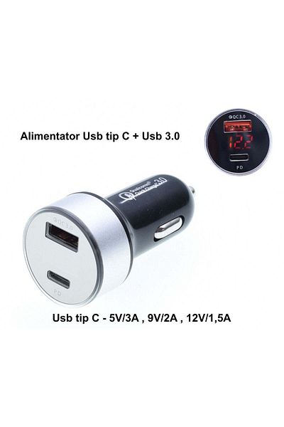 VTM Qualcomm Car Charger Usb 3.0 + PD-Usb Type C