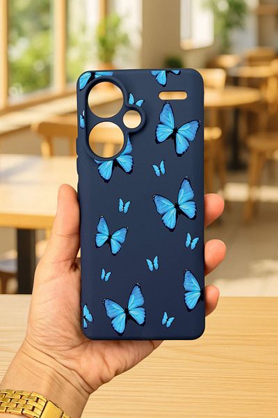 Vip Case Redmi Note 13 Pro Plus - Blue Butterfly Patterned Silicone Shock Absorbing Classic Protected Rubber Case277