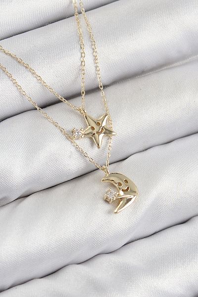 STİLLOVE Brass Zircon Stone Star and Moon Model Gold Color Women's Necklace