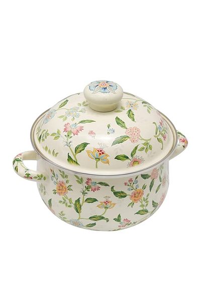 Generic VIKKSAER 2.8 Qt Vintage Enamel Simmer Pot, Green Floral Enamel Stock Pot, Deep Vintage Cookware Wit