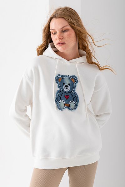 GİYSA Women's Hooded Jeans Teddy Bear Embroidered 3-Strand Sweatshirt White - 2621