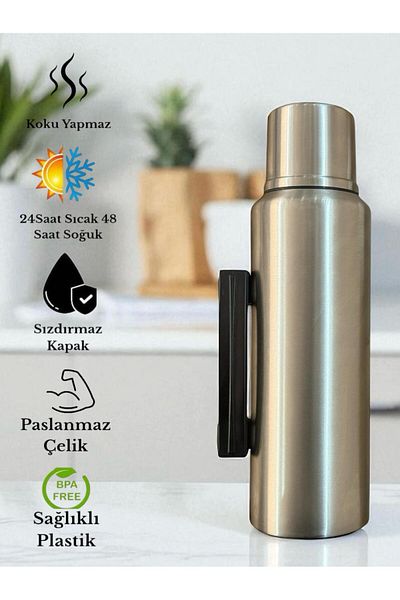 SANALTİCARETİM 1.5 Liter Double Layer Steel 48 Hours Cold 24 Hours Hot Water and Tea Thermos with Folding Handle
