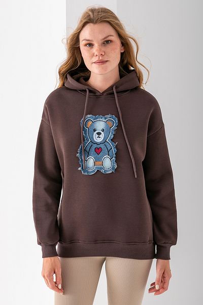 GİYSA Women's Hooded Jeans Teddy Bear Embroidered 3-Thread Sweatshirt Brown - 2621