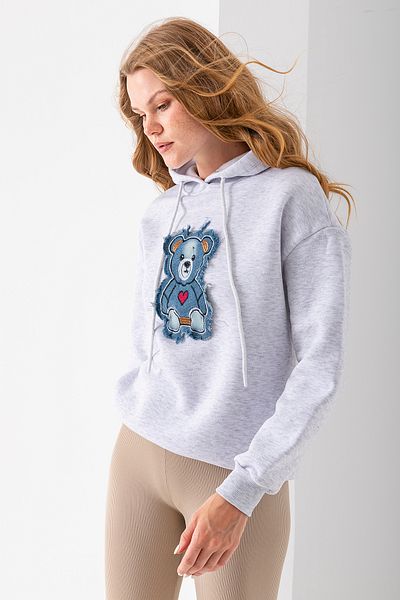 GİYSA Women's Hooded Jeans Teddy Bear Embroidered 3-Thread Sweatshirt Gray - 2621