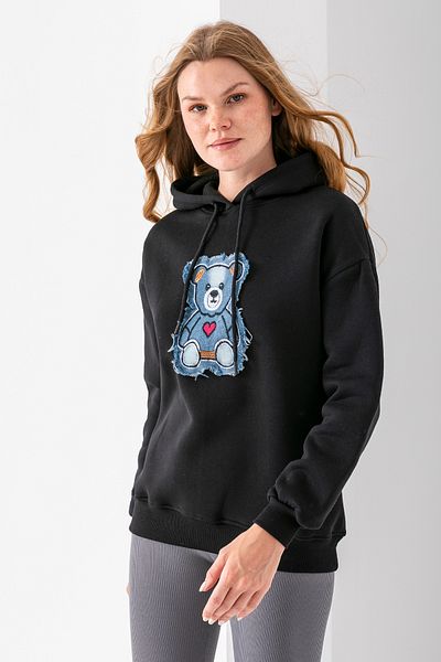 GİYSA Women's Hooded Jeans Teddy Bear Embroidered 3-Thread Sweatshirt Black - 2621